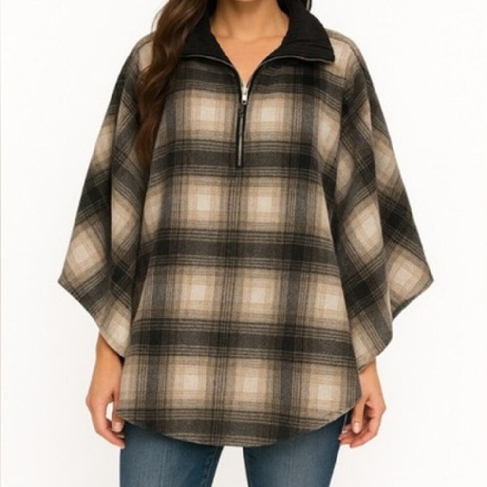 BLANKNYC Plaid Poncho Jacket Partial Zip Faux Leather Collar Black Tan One Size